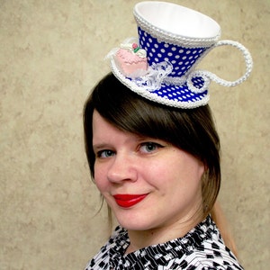 Blue and White Polka Dot with Pink Petit Four Tea Cup Fascinator Hat, Alice in Wonderland Mad Hatter Tea Party, Derby Hat image 6