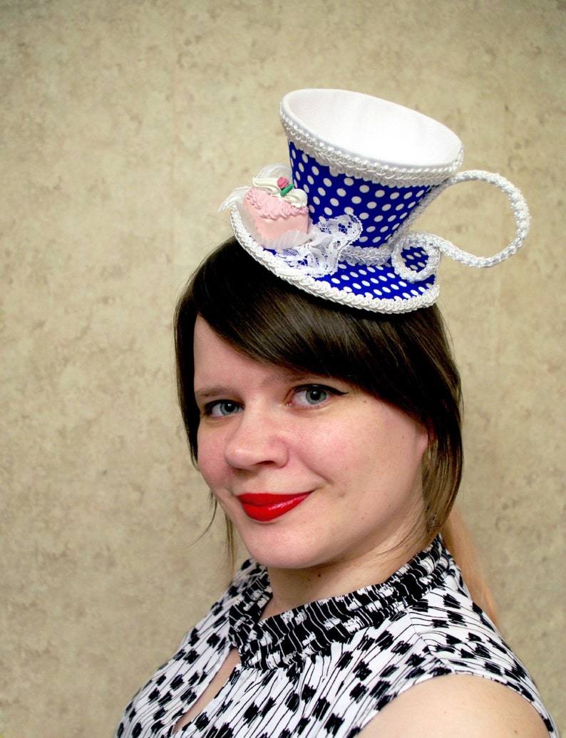 Blue and White Polka Dot with Pink Petit Four Tea Cup Fascinator Hat, Alice in Wonderland Mad Hatter Tea Party, Derby Hat image 6