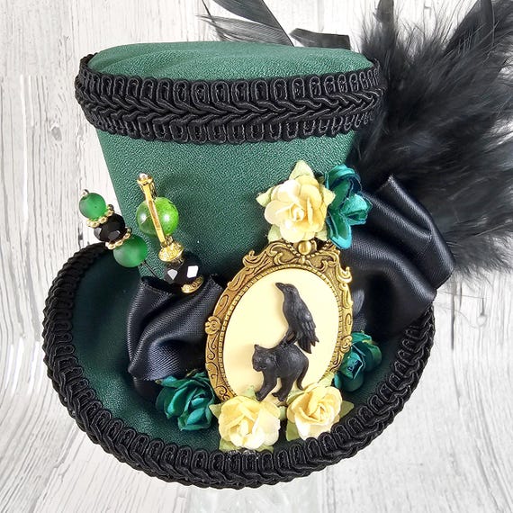 Dark Green and Black Raven and Cat Cameo Medium Mini Top Hat  display picture 3