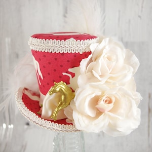 Ivory and Light Red Kentucky Derby Horse and Roses Medium Mini Top Hat Fascinator, Alice in Wonderland, Derby Hat