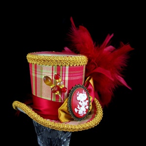 Red and Gold Plaid Flower Cameo Medium Mini Top Hat Fascinator, Alice in Wonderland, Mad Hatter Tea Party, Derby Hat image 3