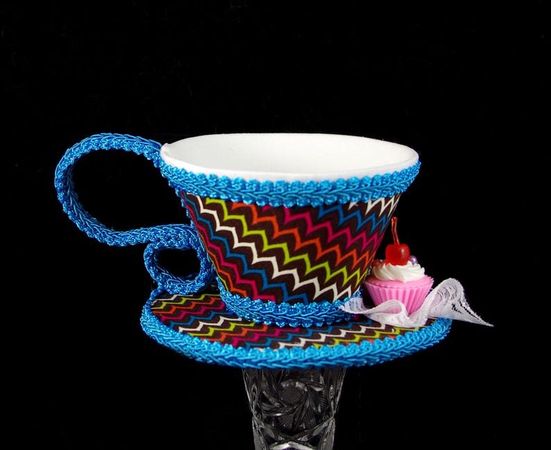 Rainbow, Aqua, and Brown with Cupcake and Cookie Tea Cup Fascinator Hat, Alice in Wonderland Mad Hatter Tea Party, Derby Hat image 5