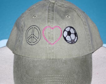 Custom Baseball Cap - Peace Love Soccer embroidered baseball cap - Great custom gift - baseball hat embroidered - Soccer Lover Hat