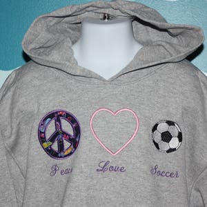 Youth Soccer Sweatshirt Custom Peace Love Soccer youth hooded sweatshirt Embroidered hood soccer sweatshirt Soccer Lover image 1