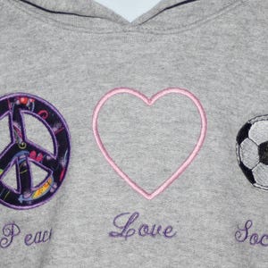 Youth Soccer Sweatshirt Custom Peace Love Soccer youth hooded sweatshirt Embroidered hood soccer sweatshirt Soccer Lover image 2