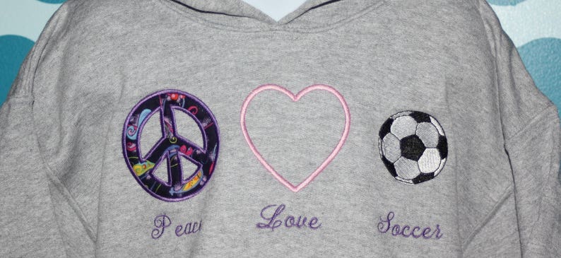 Youth Soccer Sweatshirt Custom Peace Love Soccer youth hooded sweatshirt Embroidered hood soccer sweatshirt Soccer Lover image 2