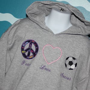 Youth Soccer Sweatshirt Custom Peace Love Soccer youth hooded sweatshirt Embroidered hood soccer sweatshirt Soccer Lover image 3