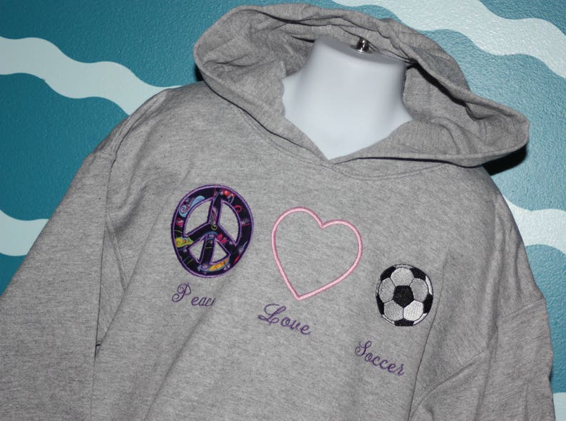 Youth Soccer Sweatshirt Custom Peace Love Soccer youth hooded sweatshirt Embroidered hood soccer sweatshirt Soccer Lover image 3