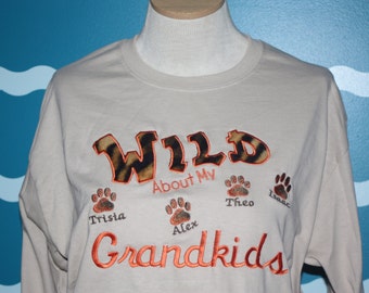 Grandparents long sleeve tshirt - Wild about my grandkids embroidered long sleeve tshirt - Custom grandma t-shirt - Christmas Gift For Her