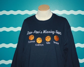 Camisa personalizada Pata - Nombres de nietos Sudadera de cuello redondo - Camisa de abuelos de baloncesto - Talla grande - Bordado personalizado