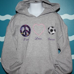 Youth Soccer Sweatshirt Custom Peace Love Soccer youth hooded sweatshirt Embroidered hood soccer sweatshirt Soccer Lover image 4