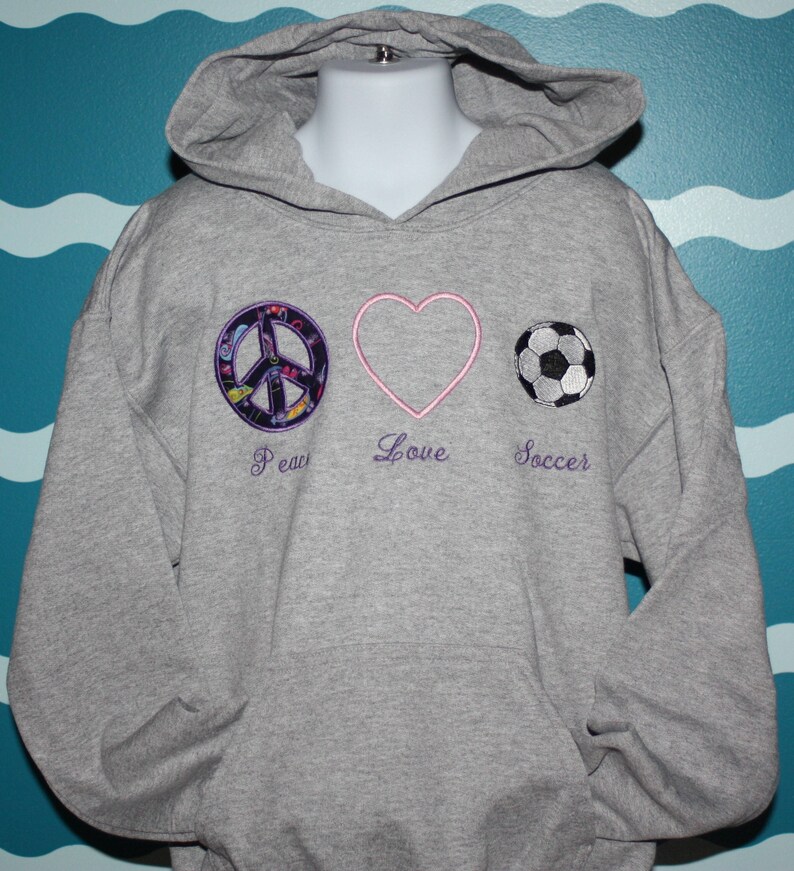 Youth Soccer Sweatshirt Custom Peace Love Soccer youth hooded sweatshirt Embroidered hood soccer sweatshirt Soccer Lover image 4