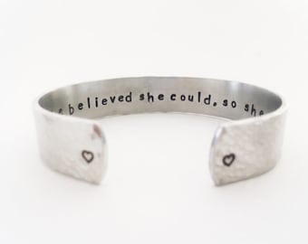 Inspirational Secret Message Cuff Bracelet - Graduation Gift - She believed she could,so she did, Gift For Her, By Timeless Maiden