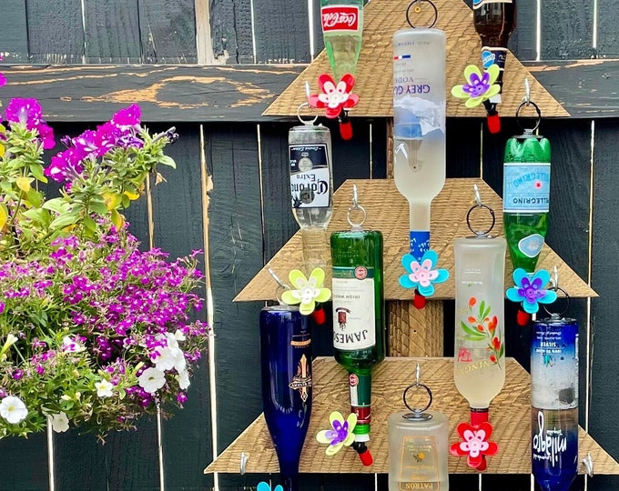Hummingbird Feeder Blue Green Flower From Recycled Beer Bottle Etsy