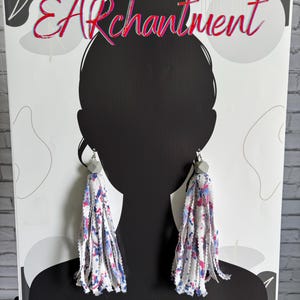 White denim, pink and blue jean fabric earrings - perfect to wear every day, every season, every where.  Long, lightweight earrings. Beaded