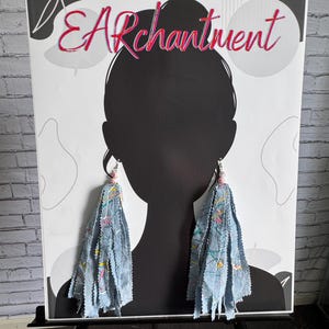 Boho denim, blue jean fabric earrings - with pink, yellow, white, teal and silver paint. Long, lightweight.  Fun, beaded cute earrings