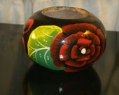 Turned Wood Bowl Hand Painted Black Red Flower Green Leaf Bohemian Mexican Vintage Treen Ware Floral Folk Art Wooden Dish