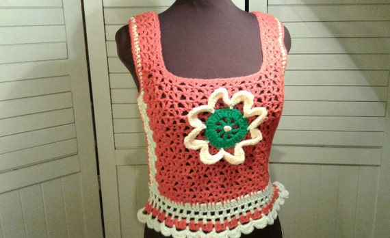 Vintage Granny Square Vest Handmade 1970's Knit Cr