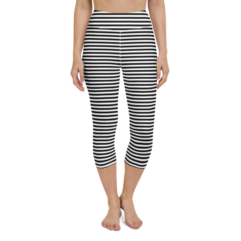 Black Stripe Leggings for Women With 5 High Waist, Slimming, Yoga