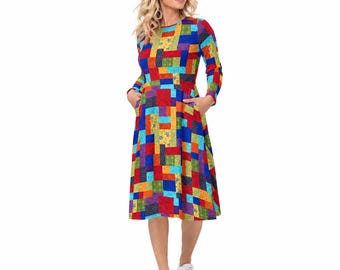 Dolly Costume Patchwork Many Colors All-over print long sleeve midi dress
