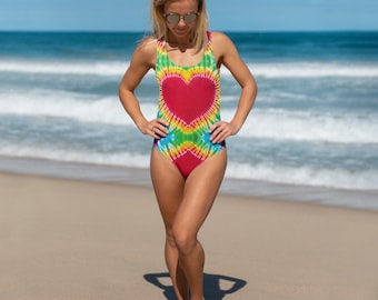 Rainbow Heart Tie Dye One-Piece Swimsuit: Surfing Paddleboarding