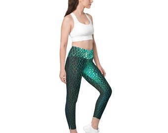 Mermaid Fish Scales Halloween Beachy Crossover leggings with pockets