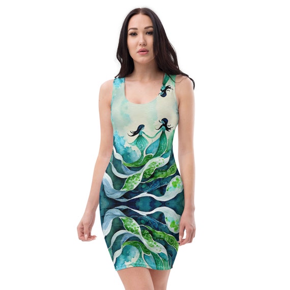 watercolor bodycon dress Whimsical Watercolor Mermaids Blue Green Water Boho Bodycon dress