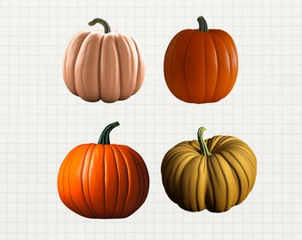 May include: Four pumpkins of different colors: orange, brown, peach, and a darker orange. The pumpkins are all the same size and shape, with a slightly rounded bottom and a stem on top.
