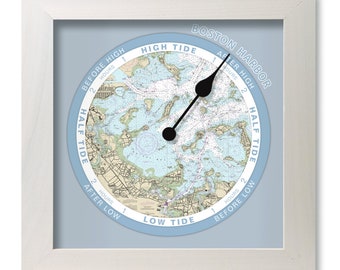 Boston Harbor tide clock, nautical chart, hang or stand, wood frame, gift idea