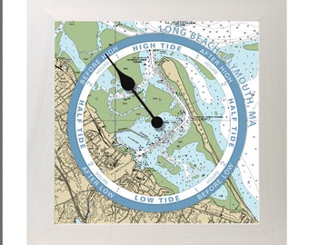 Long Beach, Plymouth, MA Tide Clock, nautical chart, hang or stand, wood frame, gift idea