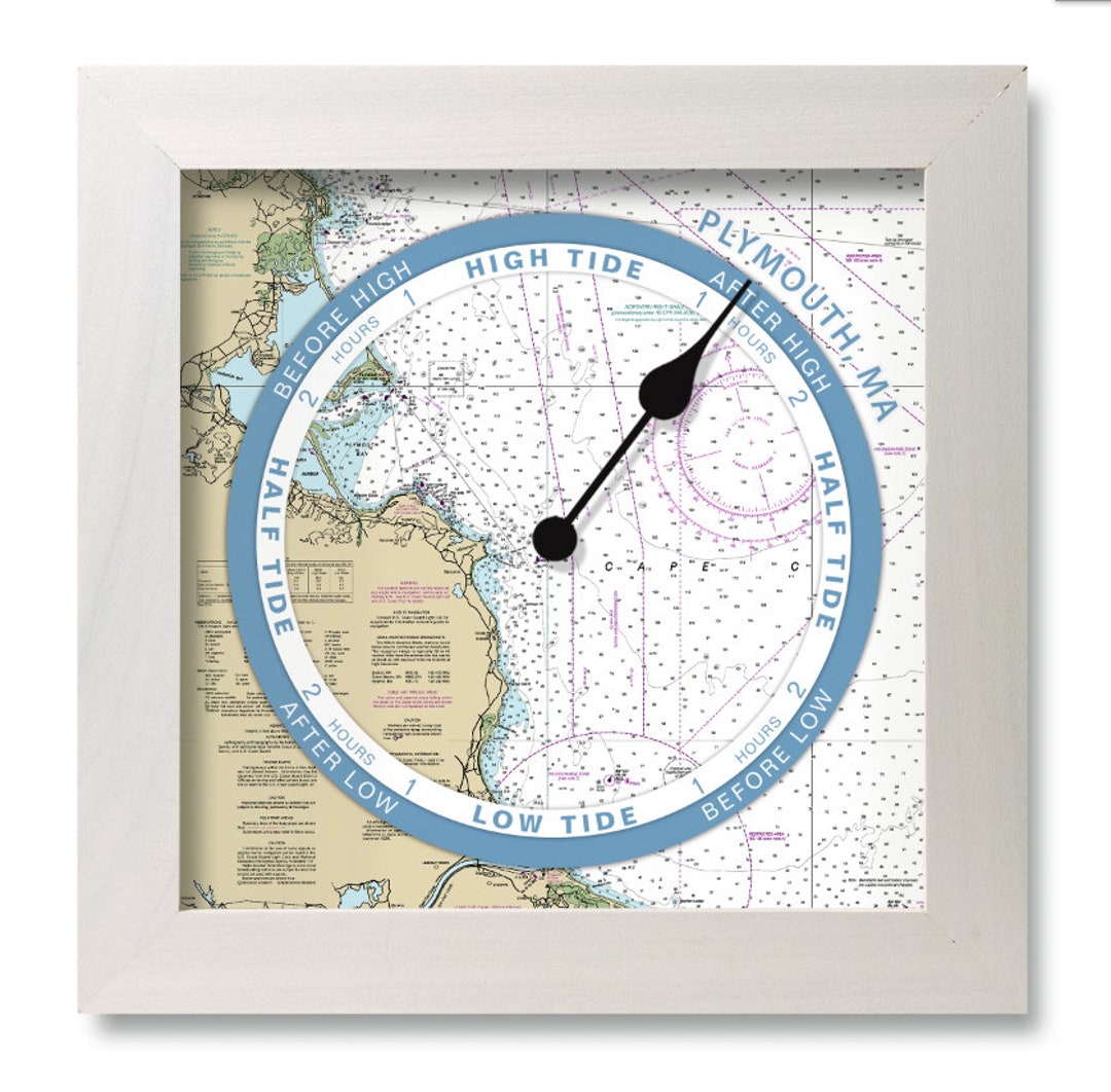 Plymouth, MA Tide Clock, Nautical Chart, Hang or Stand, Wood Frame