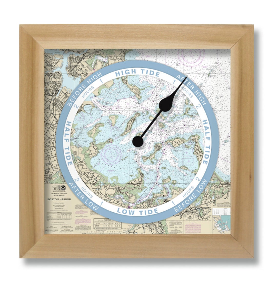 Boston Harbor Tide Clock, Nautical Chart, Hang or Stand, Wood Frame
