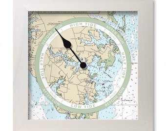 Horn Harbor Chesapeake Bay Tide Clock, nautical chart, hang or stand, wood frame, gift idea