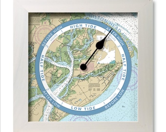 Hilton Head, SC  Tide Clock, nautical chart, hang or stand, wood frame, gift idea