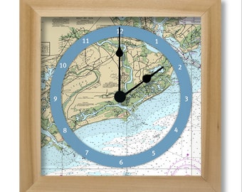 Casco Bay Time clock, nautical chart, custom for any coast, hang or stand