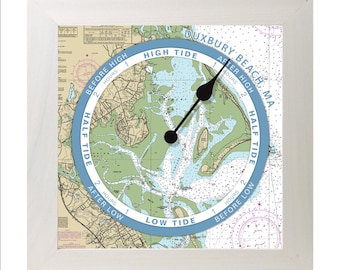 Duxbury Beach, Massachusetts tide clock, nautical chart, hang or stand, wood frame, gift idea