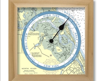 North River, MA Tide Clock, nautical chart, hang or stand, wood frame, gift idea