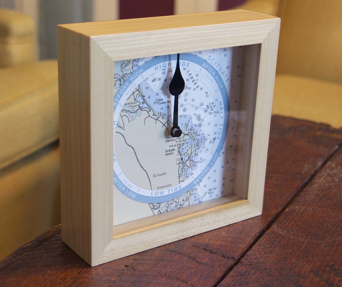 Boston Harbor Tide Clock, Nautical Chart, Hang or Stand, Wood Frame