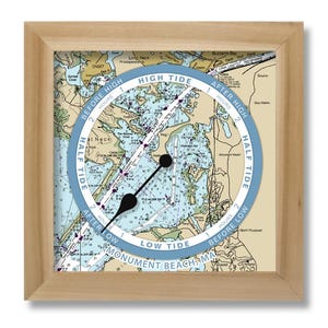 Monument Beach/Bourne, MA Relógio de maré, carta náutica, pendurar ou ficar de pé, moldura de madeira, ideia para presente