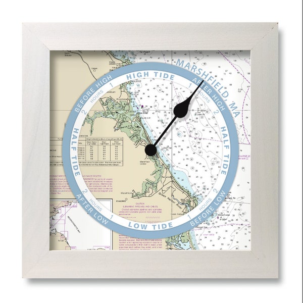 Marshfield, Massachusetts tide clock, nautical chart, hang or stand, wood frame, gift idea