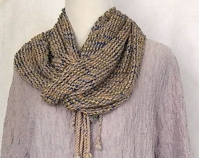 Hand-woven lacy mesh light-weight scarf in neutral beige and blue