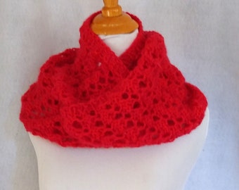 Bright red mohair infinity scarf, handknit cowl in lace pattern, cheery colorful accessory, girlfriend gift idea, fast shipping