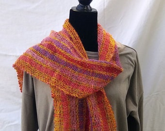 Yellow coral pink lilac red scarf handwoven in a lightweight lacy mesh, gift for her, luxury mohair blend with sparkle, super soft sunshine