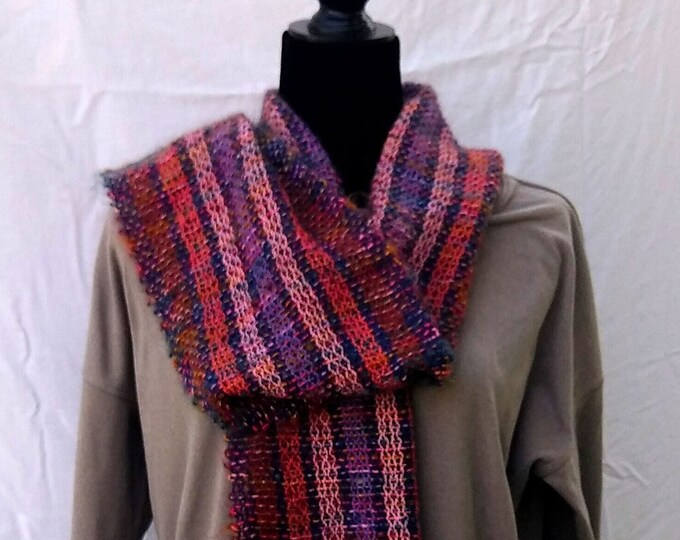 Navy blue, coral, brown, violet striped scarf handwoven in a lightweight lacy mesh, luxury mohair blend with sparkle, super soft fall colors