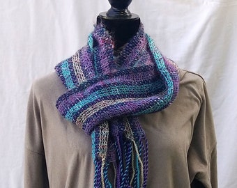 Navy blue purple aqua silver scarf handwoven in a lightweight lacy mesh, gift for her, luxury mohair blend, super soft