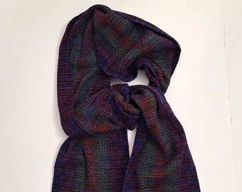 Chenille scarf handwoven twill, dark multi color stripes of purple blue green brown, snuggly soft gift for woman or man, ready to ship