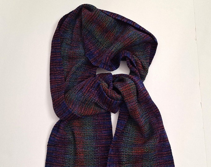 Chenille scarf handwoven twill, dark multi color stripes of purple blue green brown, snuggly soft gift for woman or man, ready to ship