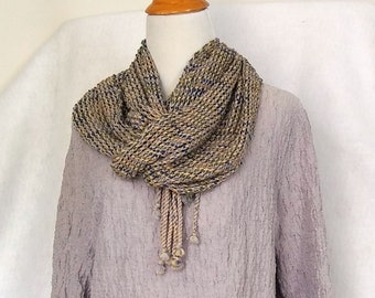 Hand-woven lacy mesh light-weight scarf in neutral beige and blue
