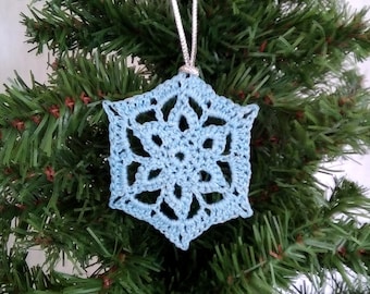 blue crochet snowflake christmas decoration, Christmas snowflake ornament, sparkly crochet winter decor