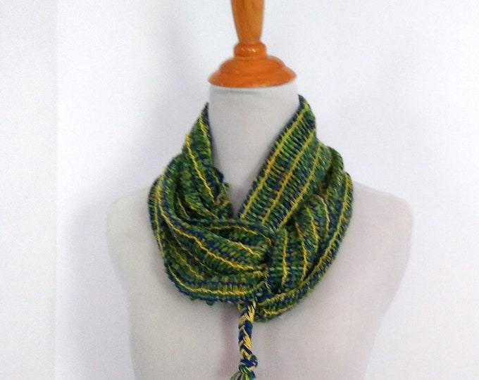 green yellow blue handwoven scarf in a lightweight lacy mesh pattern, free shipping to US, handcrafted gift idea, pretty summer accessoryr